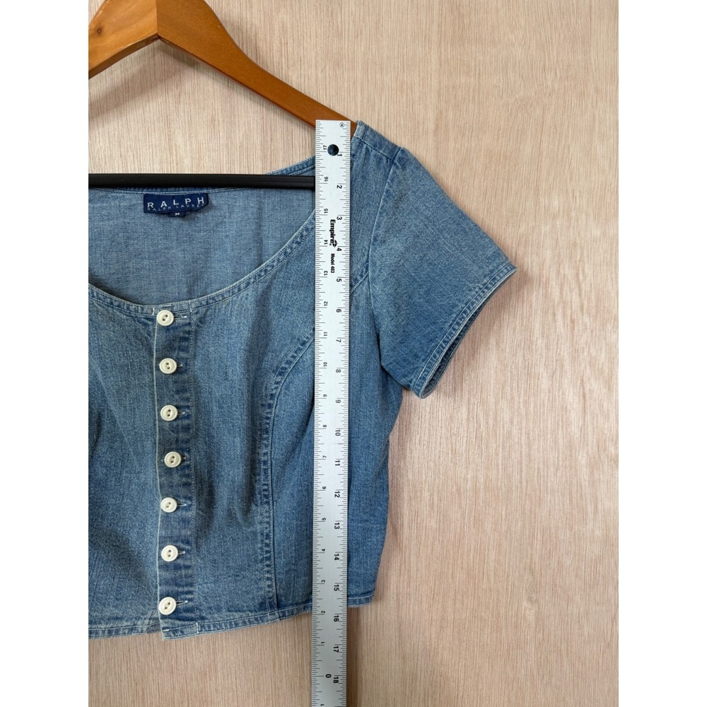 Vintage Ralph Lauren Denim Crop Top Blue Button Down Short Sleeve Shirt M - Picture 3 of 4
